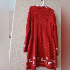Charming Red Knit Dress with Reindeer Design